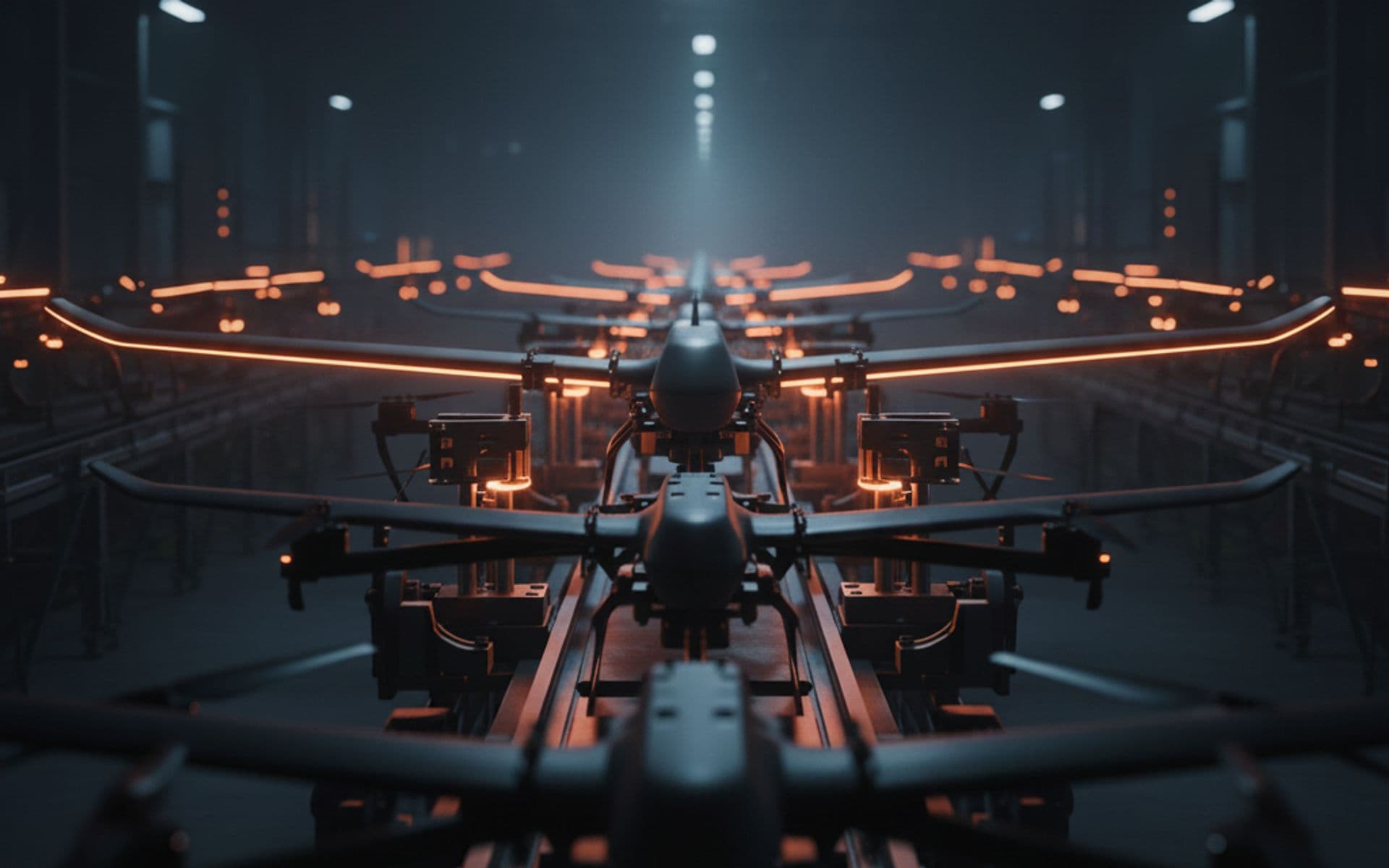 Drone assembly line with aircraft staged on production fixtures